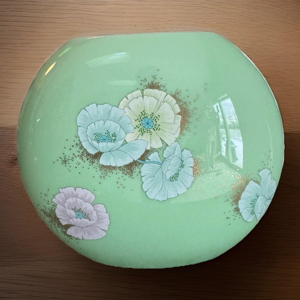 Koransha Arita Japan Celadon Green Porcelain Vase Gold Rim Floral Oval 5.75" VTG